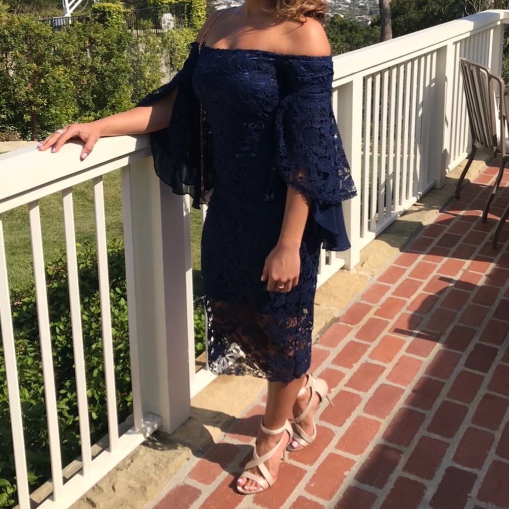 Navy lace dress with bell sleeves